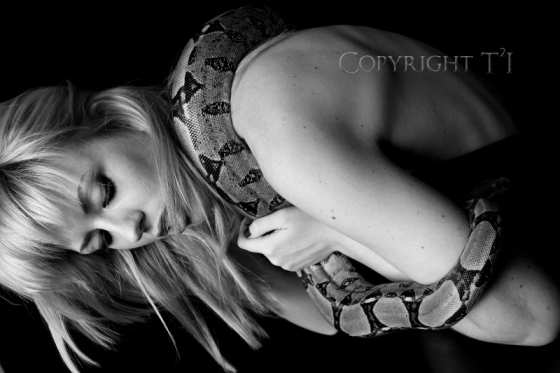 Model Ali with boa constrictor black and white image